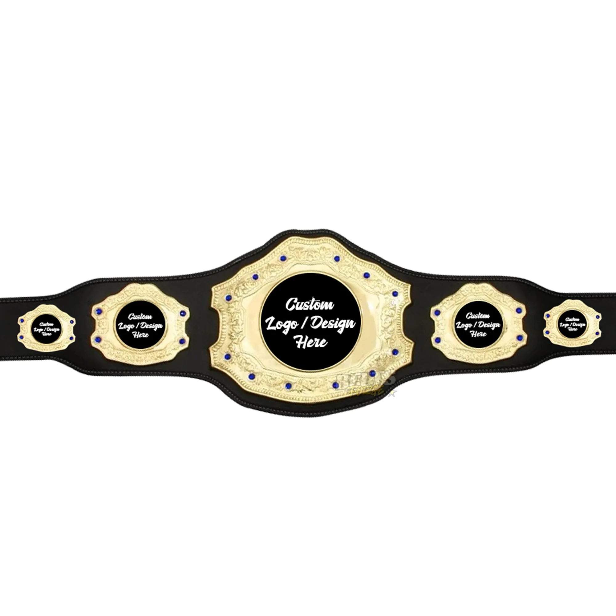 Belts Forge Custom 5-Plate Championship Belt gold template view showing all five gold-plated brass plates layout ready for custom engraving