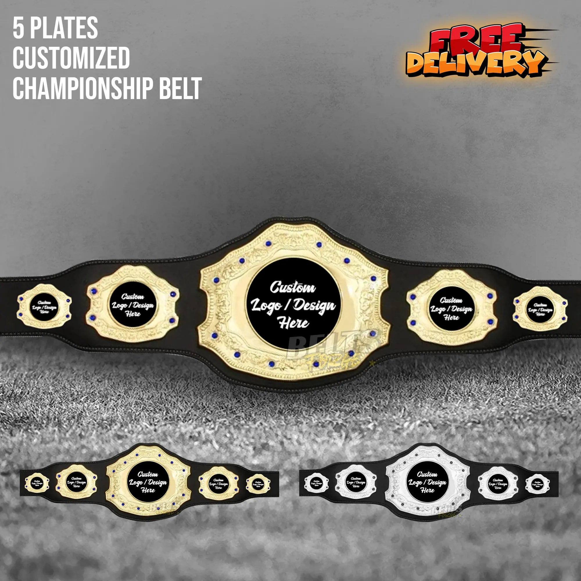 Belts Forge Custom 5-Plate Championship Belt lifestyle photo showing five gold-plated brass plates on genuine leather strap