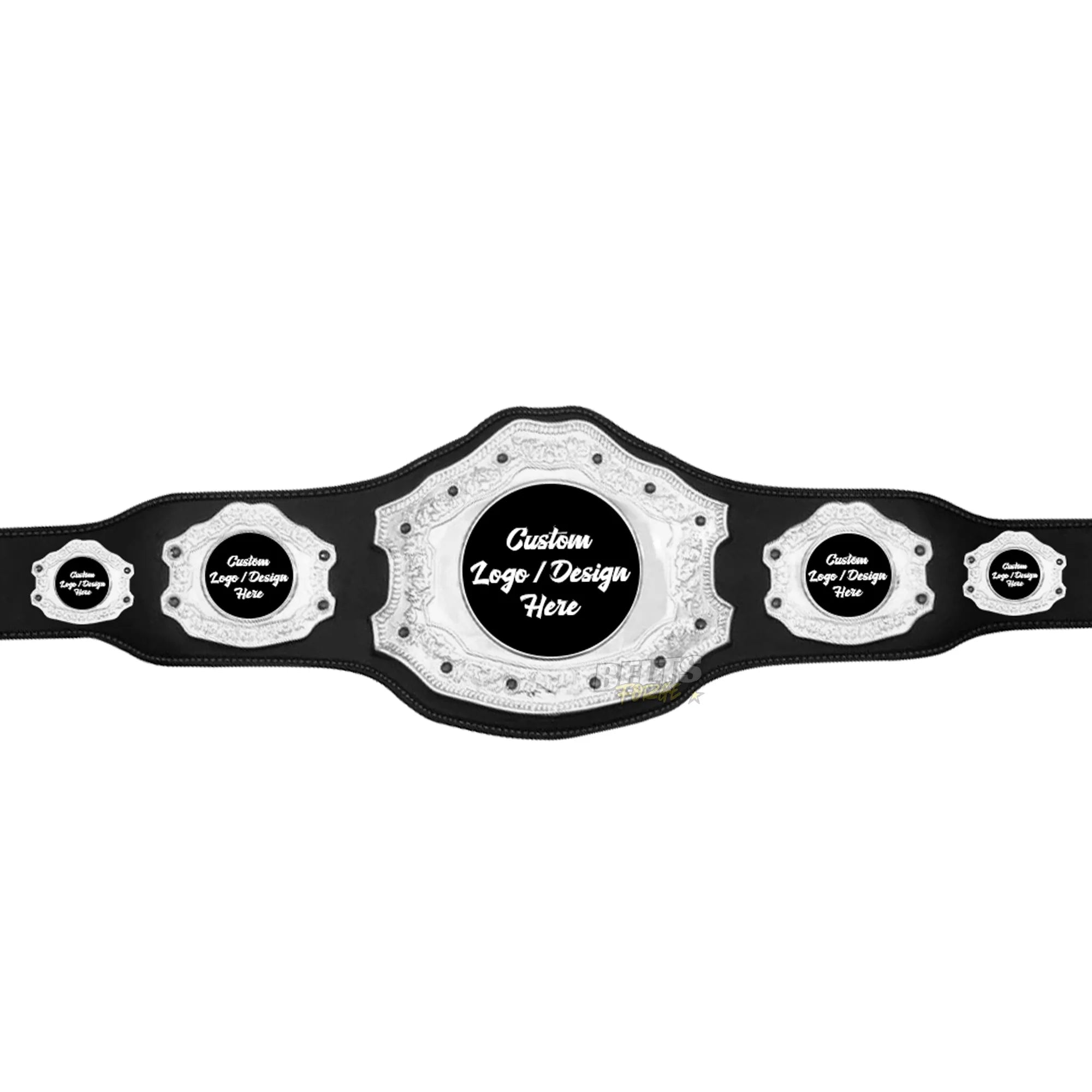 Belts Forge Custom 5-Plate Championship Belt silver template view showing all five silver chrome-plated brass plates ready for custom design