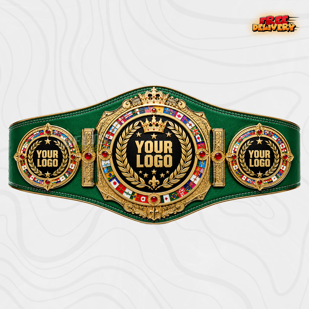 Custom Crown World Flags Boxing Championship Belt in green genuine leather strap showing gold baroque flag plates ready for your logo