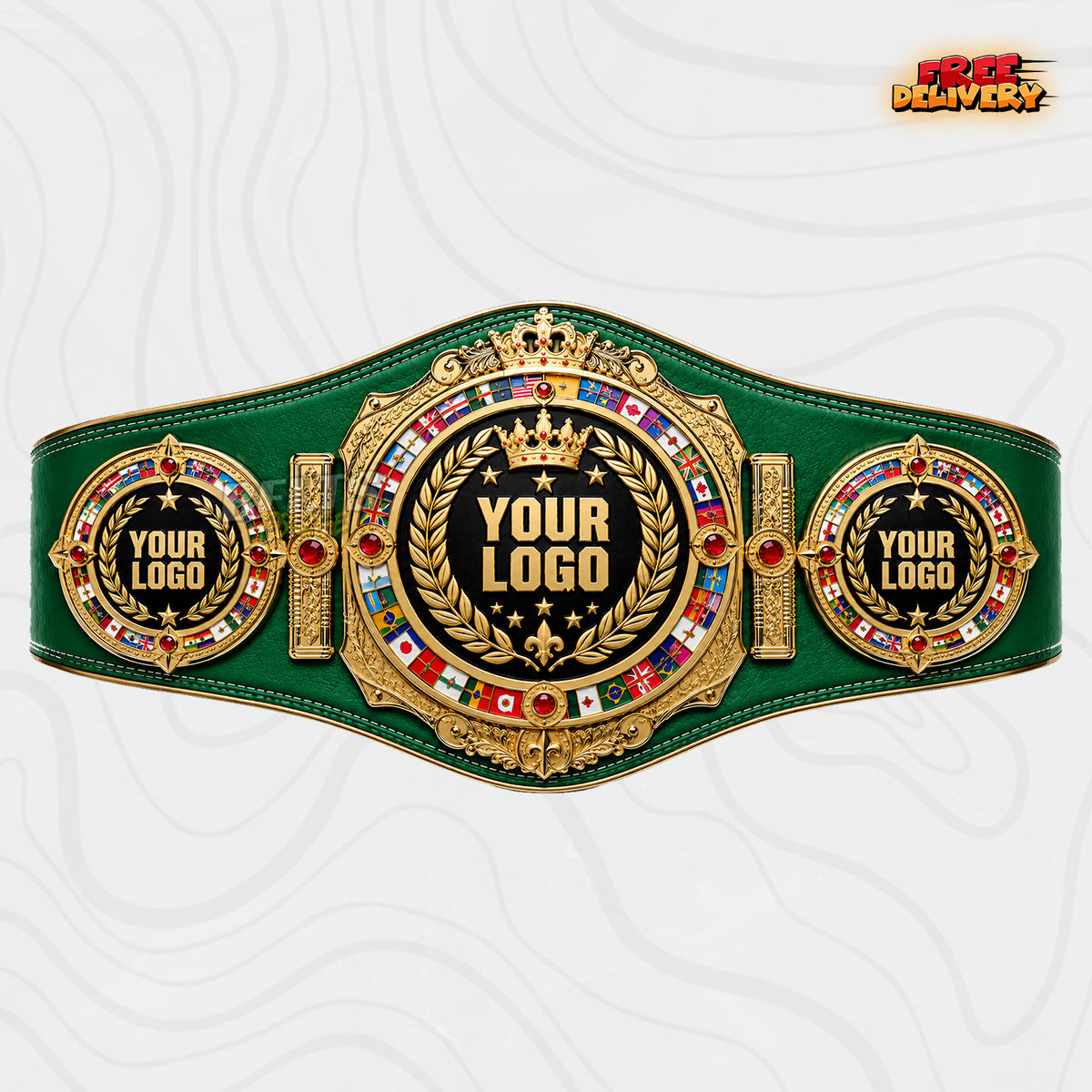 Custom Crown World Flags Boxing Championship Belt in green genuine leather strap showing gold baroque flag plates ready for your logo