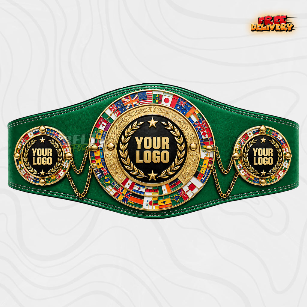 Custom World Flags Boxing Championship Belt in green genuine leather strap showing gold international flag plates ready for your logo
