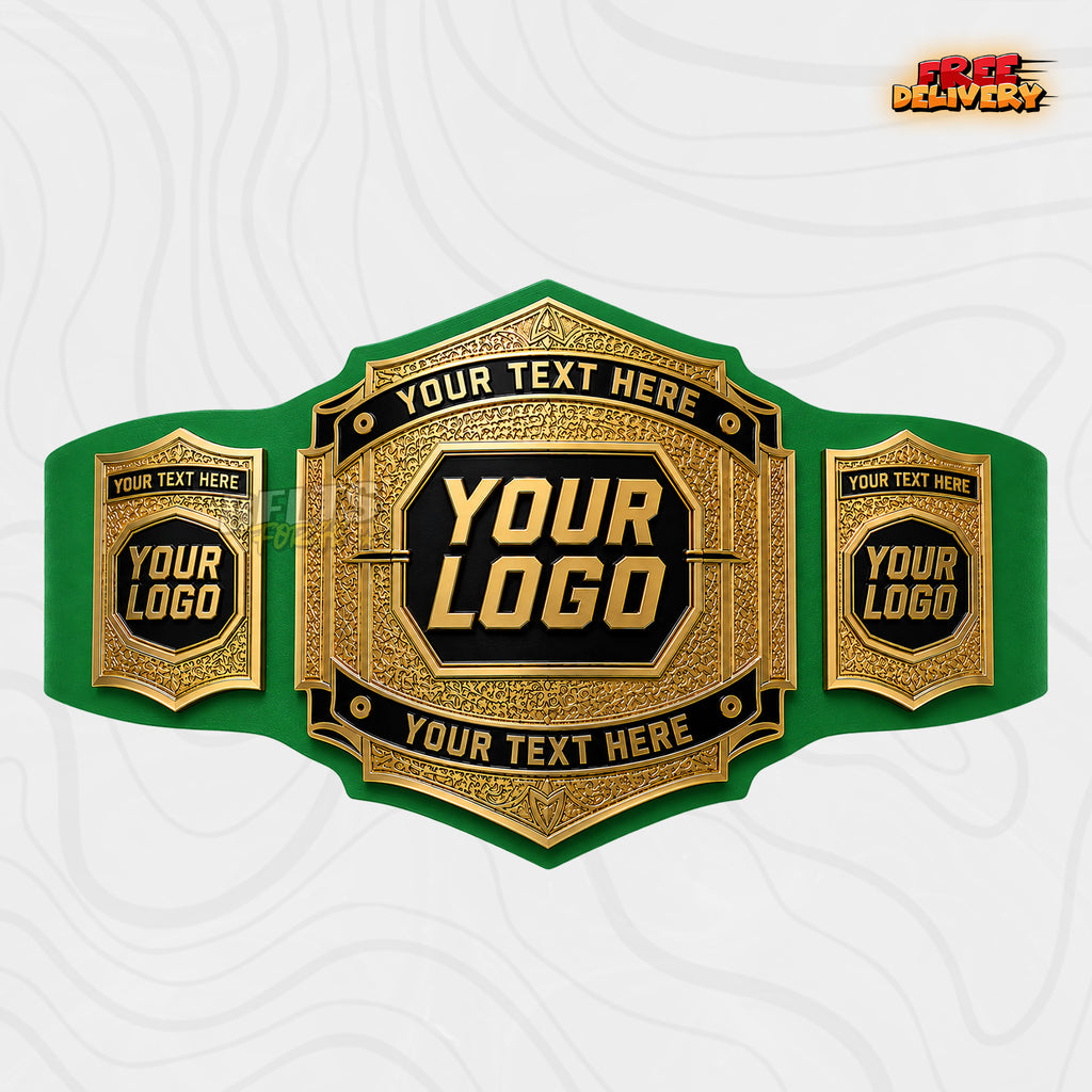 Custom Vintage Gold Championship Belt in green genuine leather strap showing antique gold filigree plates