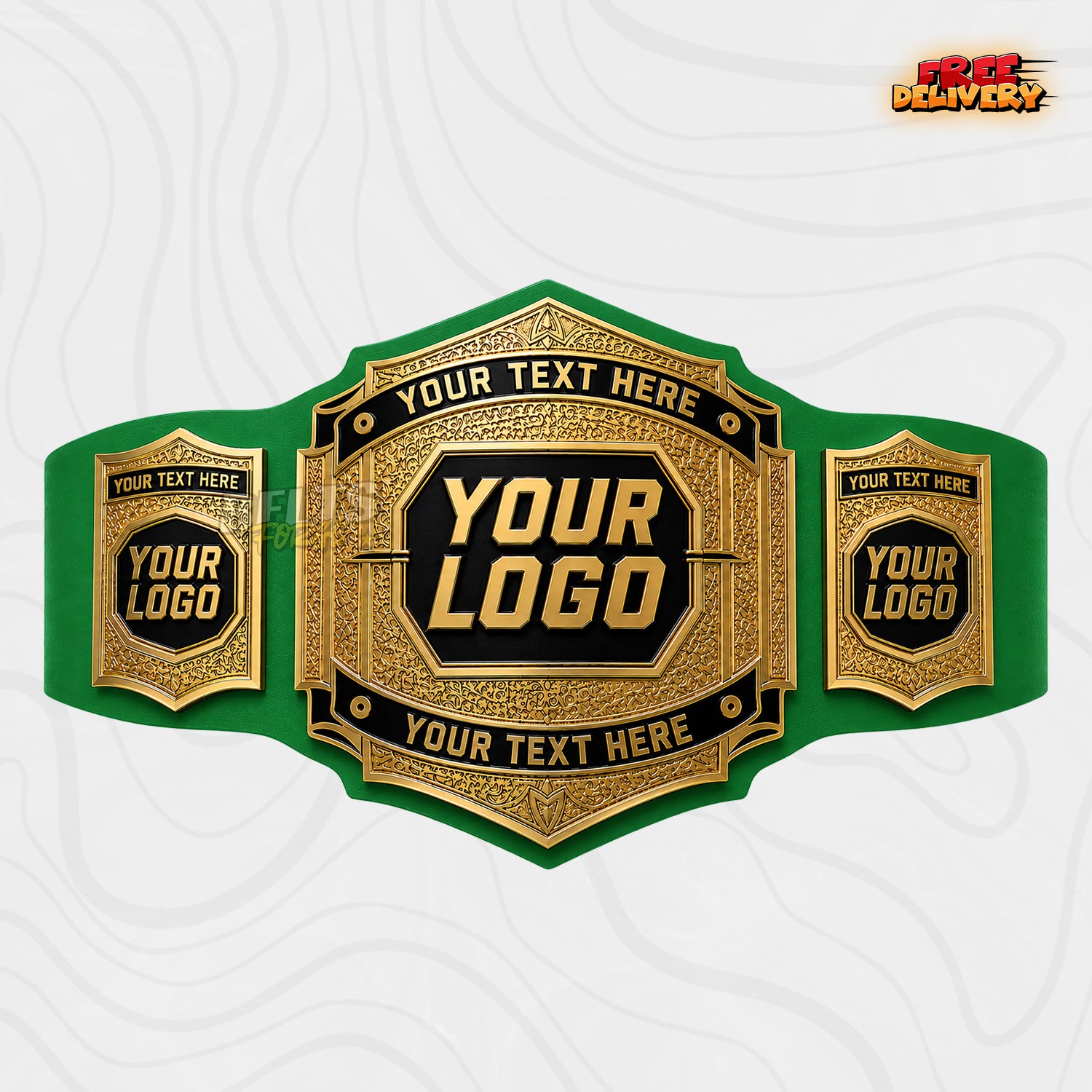 Custom Vintage Gold Championship Belt in green genuine leather strap showing antique gold filigree plates