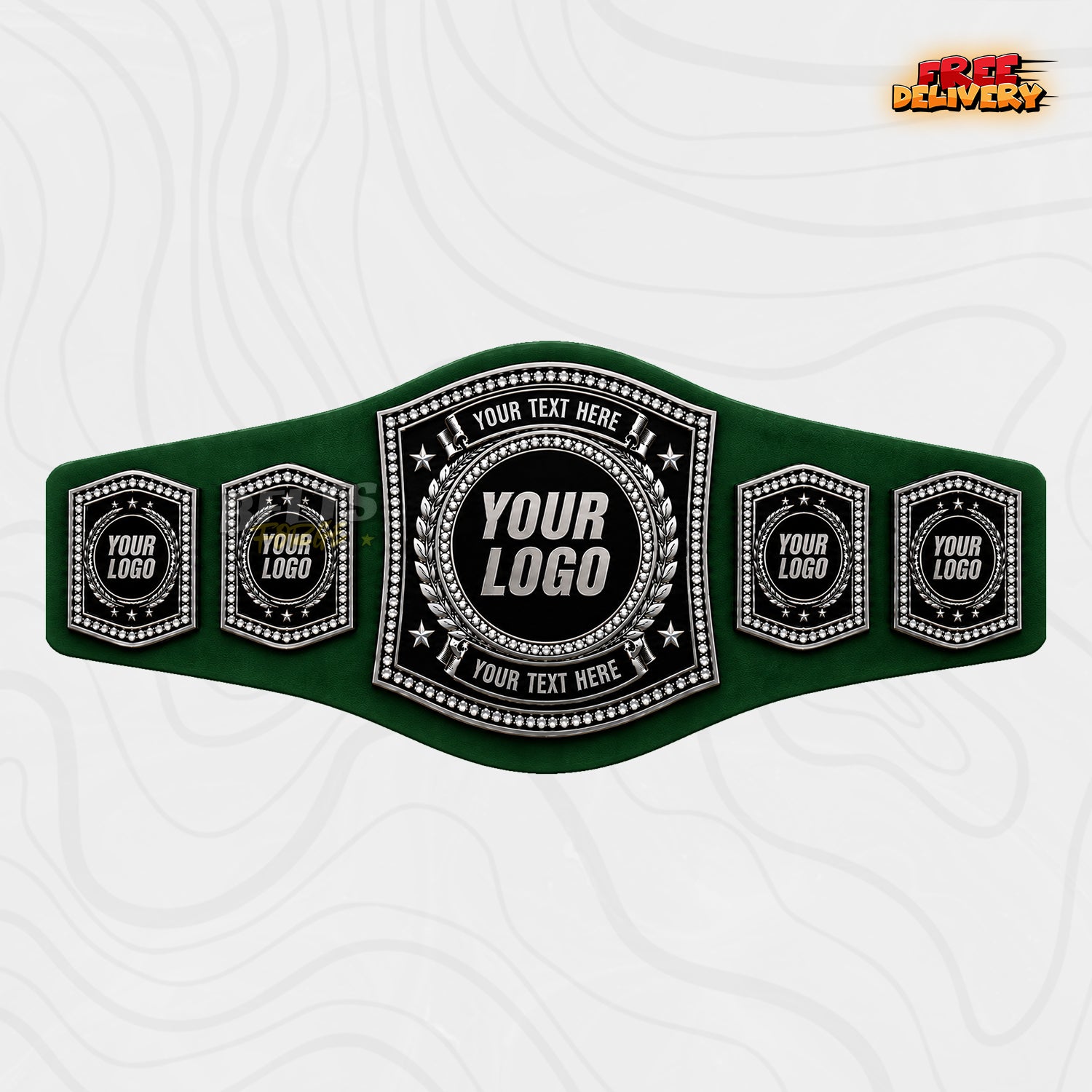 Custom Silver Rhinestone Championship Belt in green genuine leather strap showing antique silver plates with custom text
