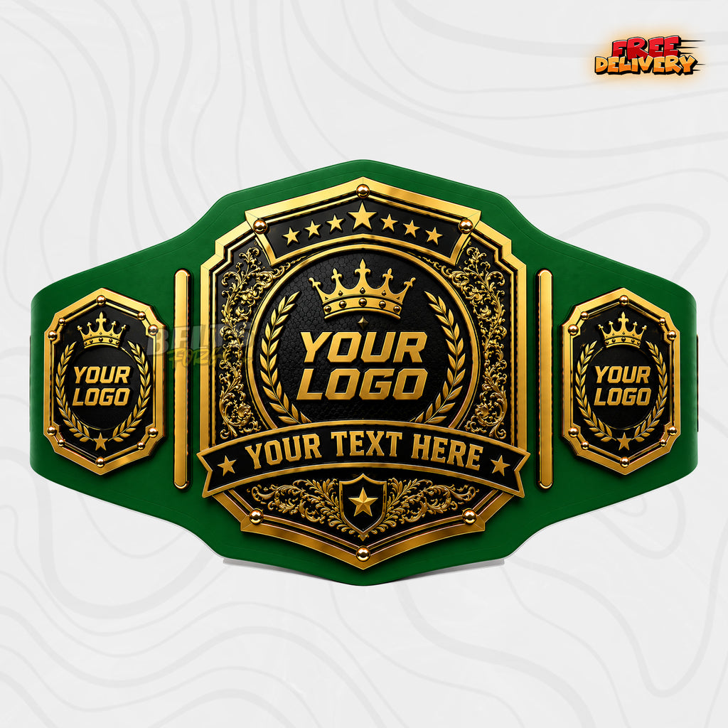 Custom Black and Gold Filigree Medallion Championship Belt in green genuine leather strap showing crown laurel medallion plates