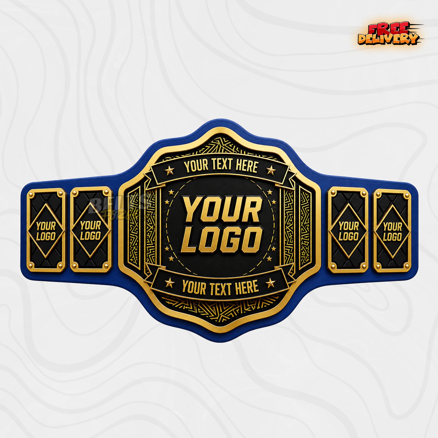 Custom Black and Gold Banner Championship Belt in royal blue genuine leather strap showing black and gold plates with custom text