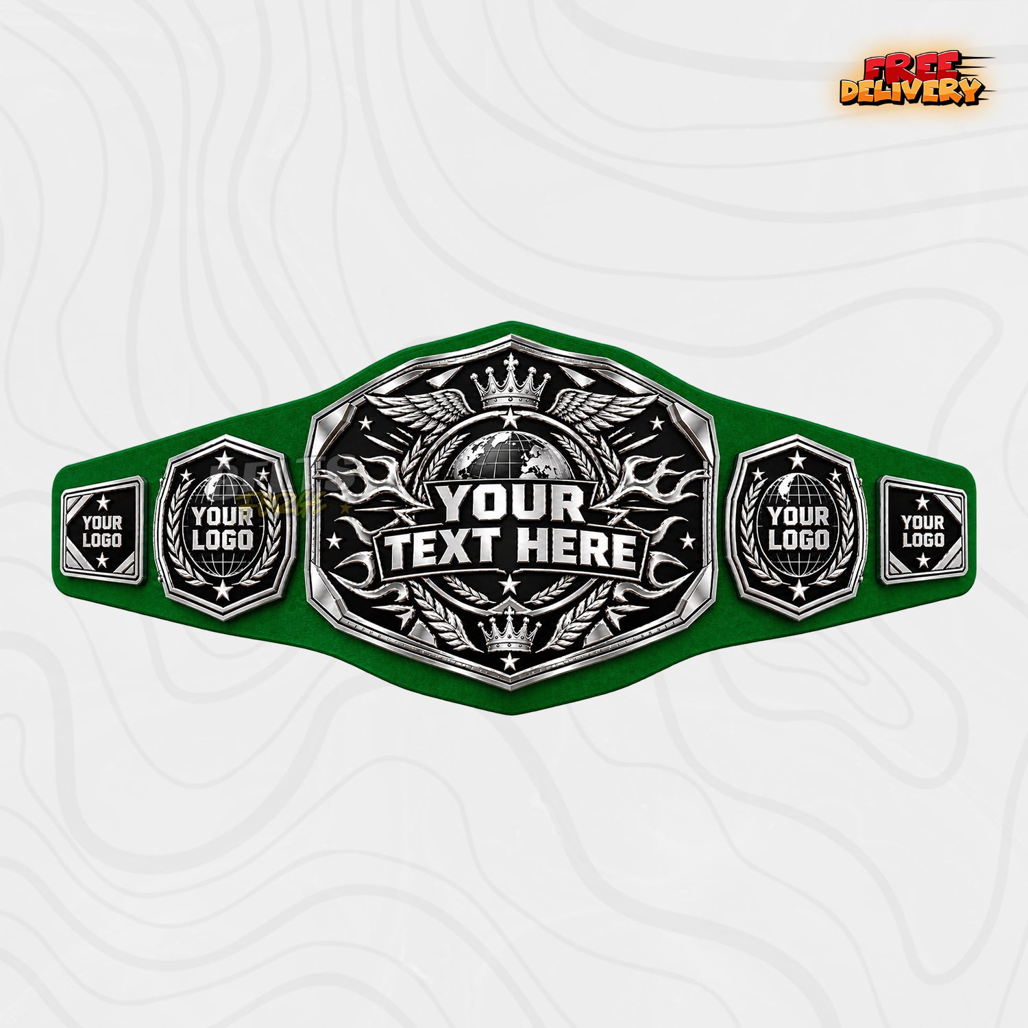 Custom Silver Globe Championship Belt in green genuine leather strap showing silver chrome plates with star logo side plates