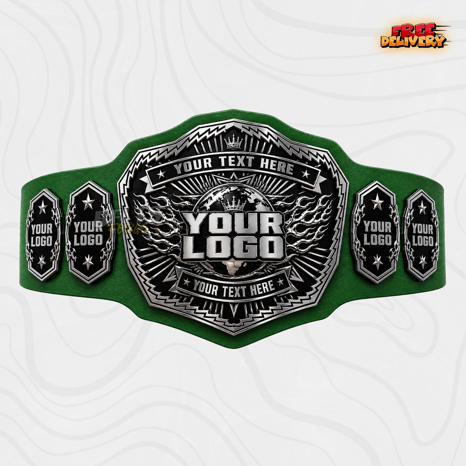 Custom Silver Chrome Championship Belt in green genuine leather strap showing silver chrome plates with star side plates