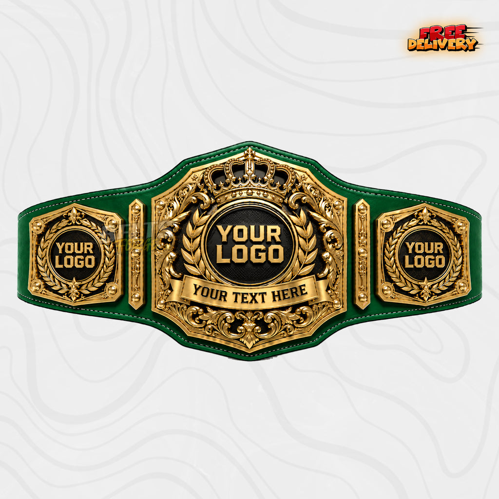 Custom Royal Crown Baroque Scroll Championship Belt in green genuine leather strap showing gold acanthus scrollwork plates ready for your text