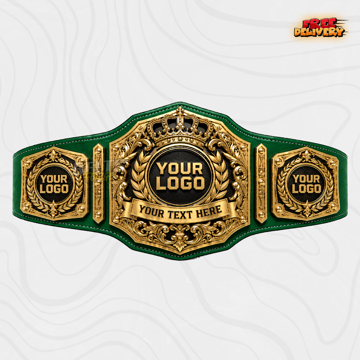 Custom Royal Crown Baroque Scroll Championship Belt in green genuine leather strap showing gold acanthus scrollwork plates ready for your text