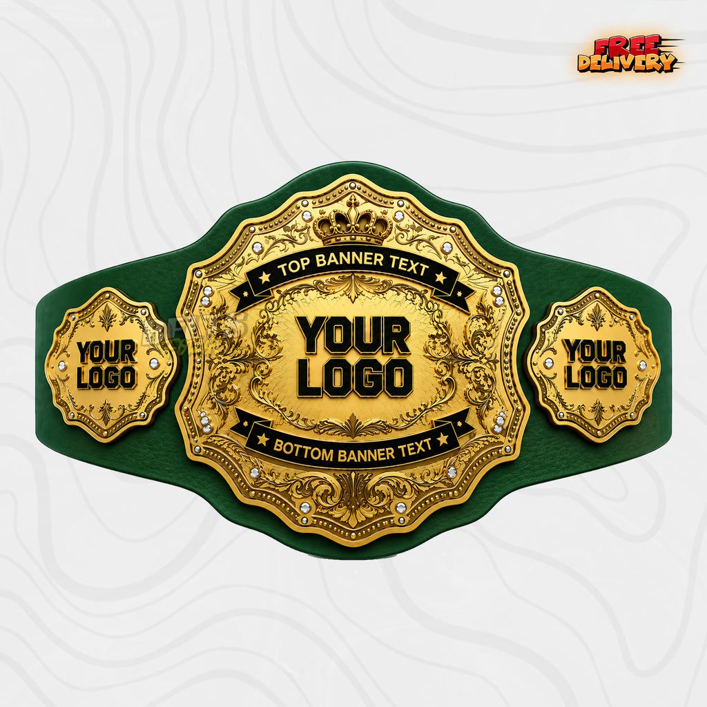 Custom Crown Sunburst Championship Belt in green genuine leather strap showing gold baroque crown plates with custom logo and text