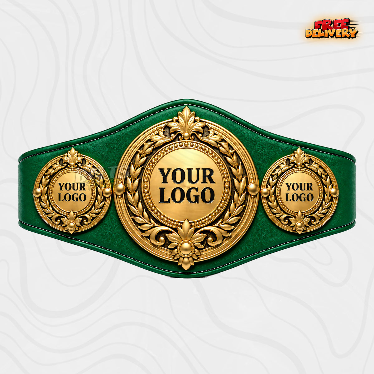 Custom Laurel Fleur-de-Lis Medallion Championship Belt in green genuine leather strap showing gold beaded medallion plates ready for custom logo