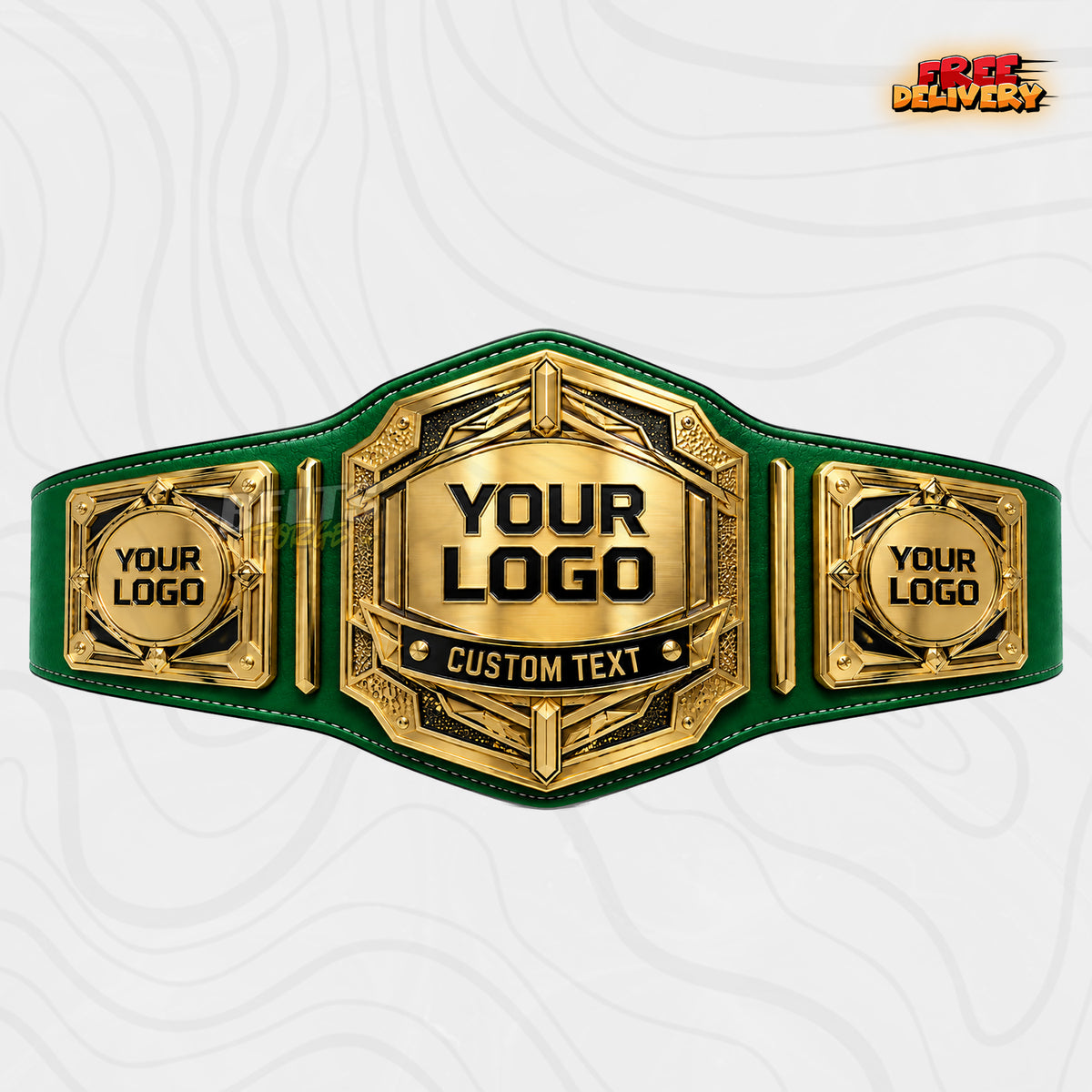 Custom Art Deco Hexagon Championship Belt in green genuine leather strap showing gold black angular plates ready for custom logo and text