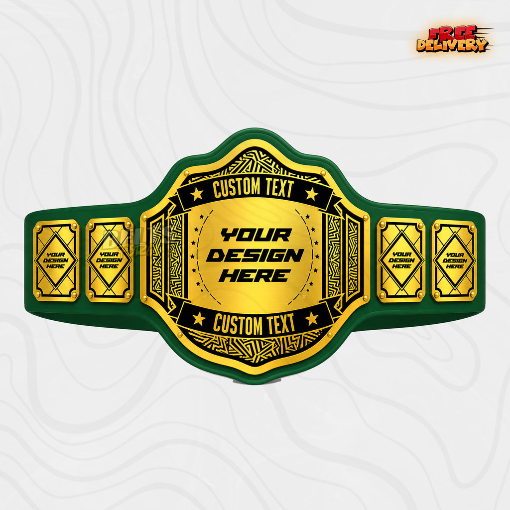 Custom Tribal Geometric Championship Belt in green genuine leather strap showing gold and black Aztec pattern plates ready for custom design