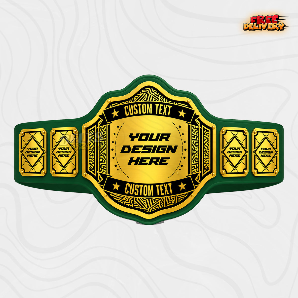 Custom Tribal Geometric Championship Belt in green genuine leather strap showing gold and black Aztec pattern plates ready for custom design