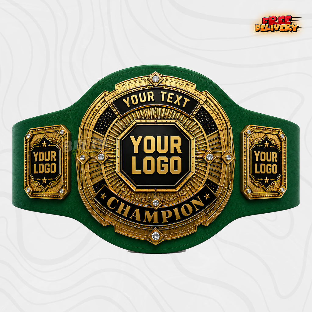 Custom Round Champion Medallion Belt in green genuine leather strap showing gold black circular plates with octagon logo center