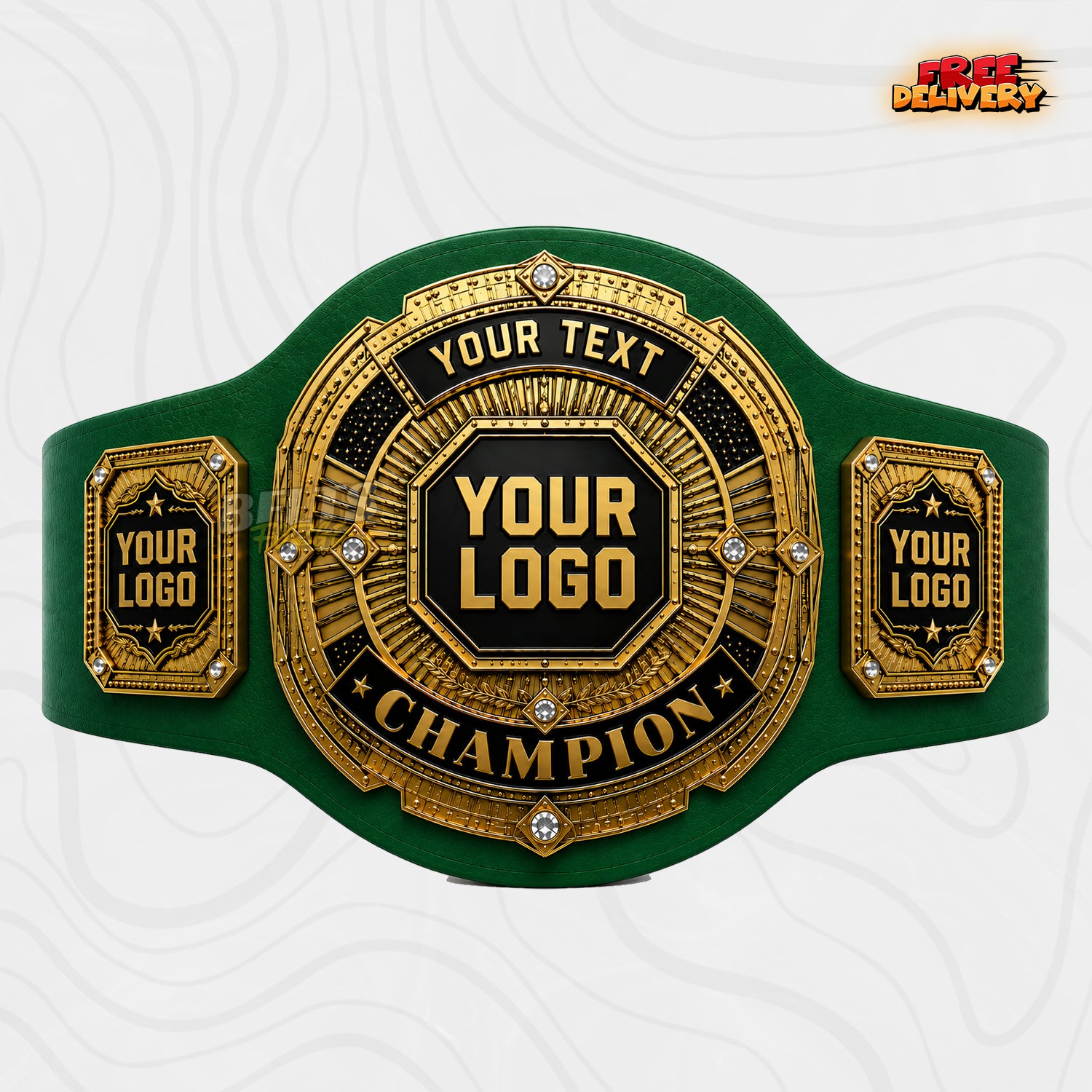 Custom Round Champion Medallion Belt in green genuine leather strap showing gold black circular plates with octagon logo center