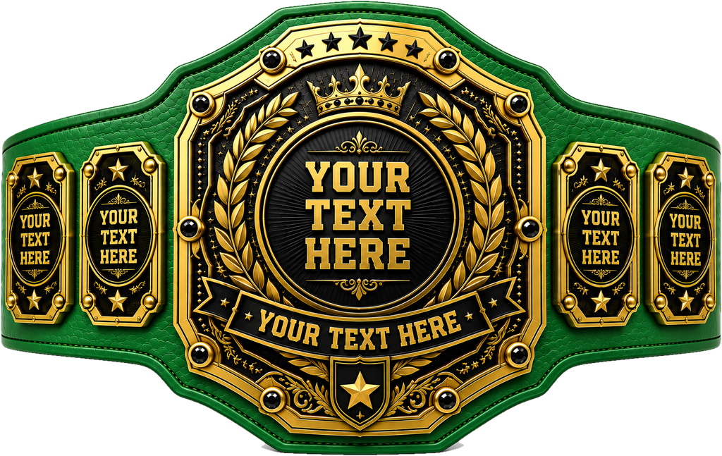 Custom Black and Gold Onyx Crown Championship Belt in green genuine leather strap showing gold black laurel wreath plates ready for custom text by Belts Forge