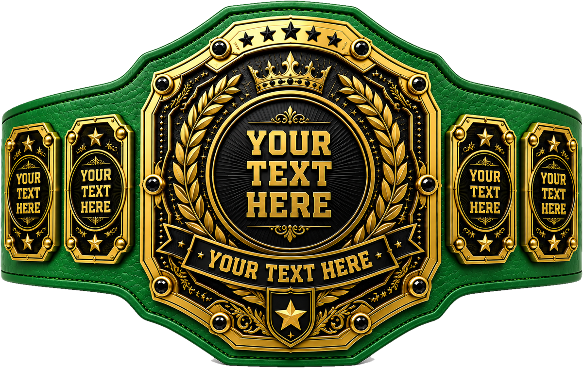 Custom Black and Gold Onyx Crown Championship Belt in green genuine leather strap showing gold black laurel wreath plates ready for custom text by Belts Forge