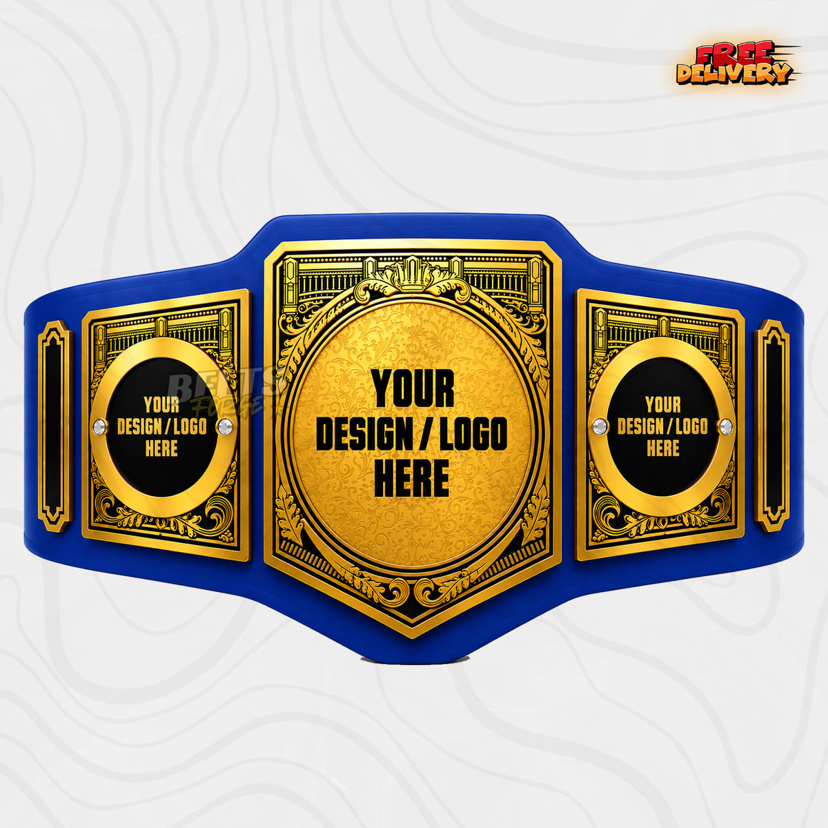 Custom Damask Shield Championship Belt in royal blue genuine leather strap showing gold and black plates with four side plates for custom logo