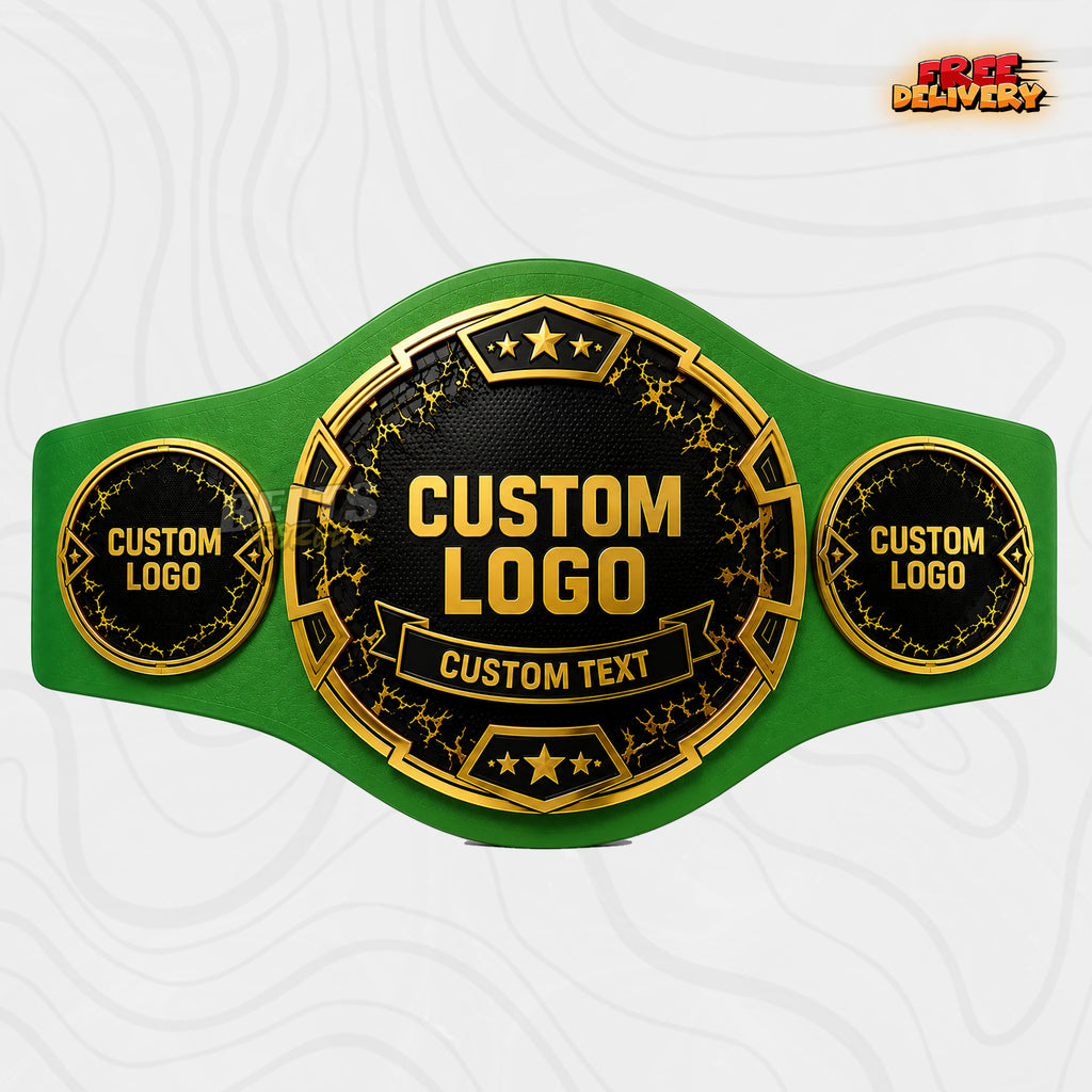 Custom Black and Gold Star Championship Belt in green genuine leather strap showing gold black round plates with ribbon banner