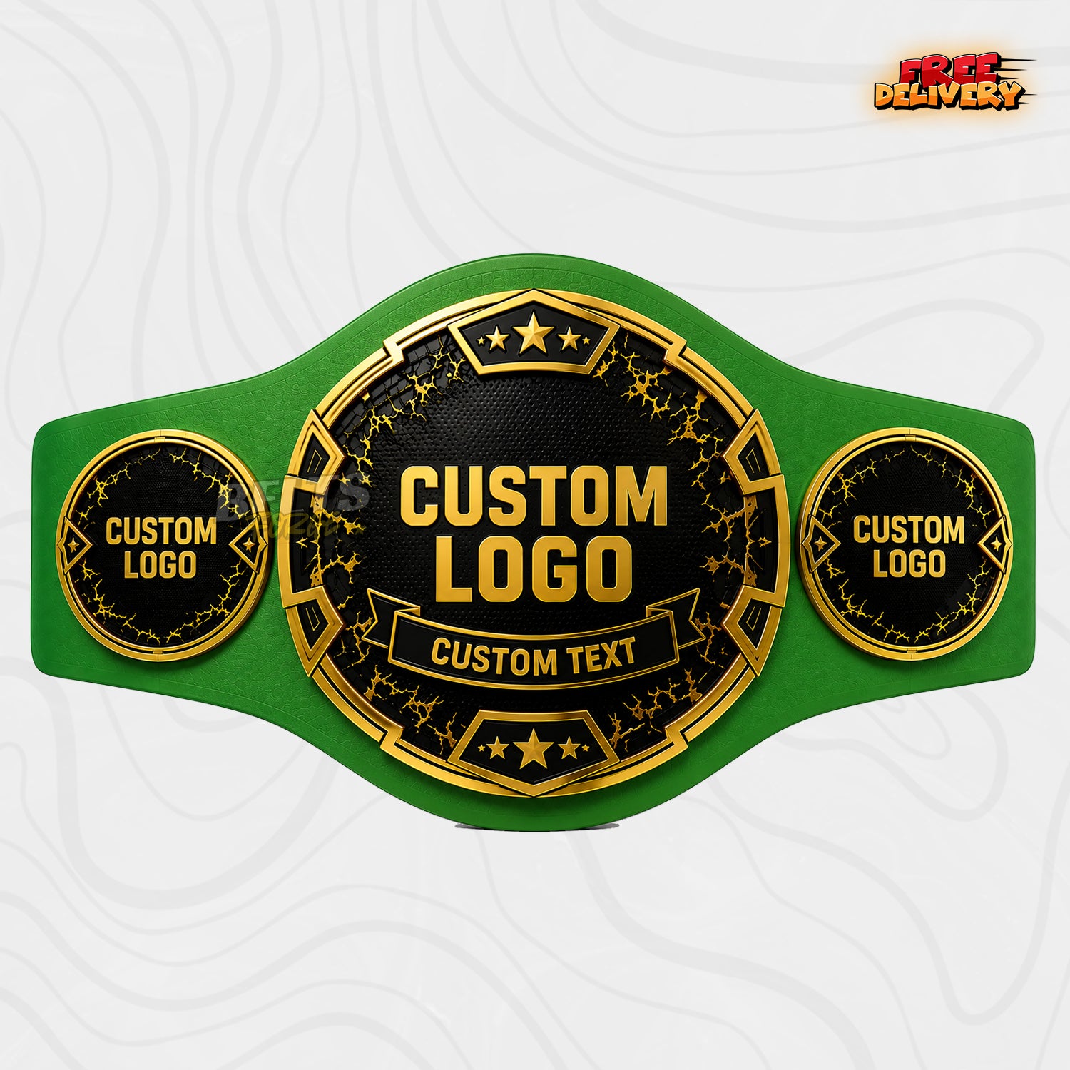 Custom Black and Gold Star Championship Belt in green genuine leather strap showing gold black round plates with ribbon banner
