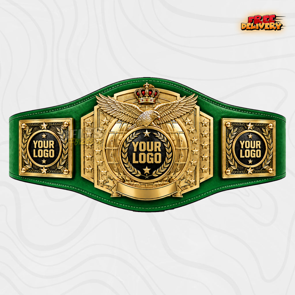 Custom Eagle Crown Globe Championship Belt in green genuine leather strap showing gold crown eagle laurel plate ready for your logo