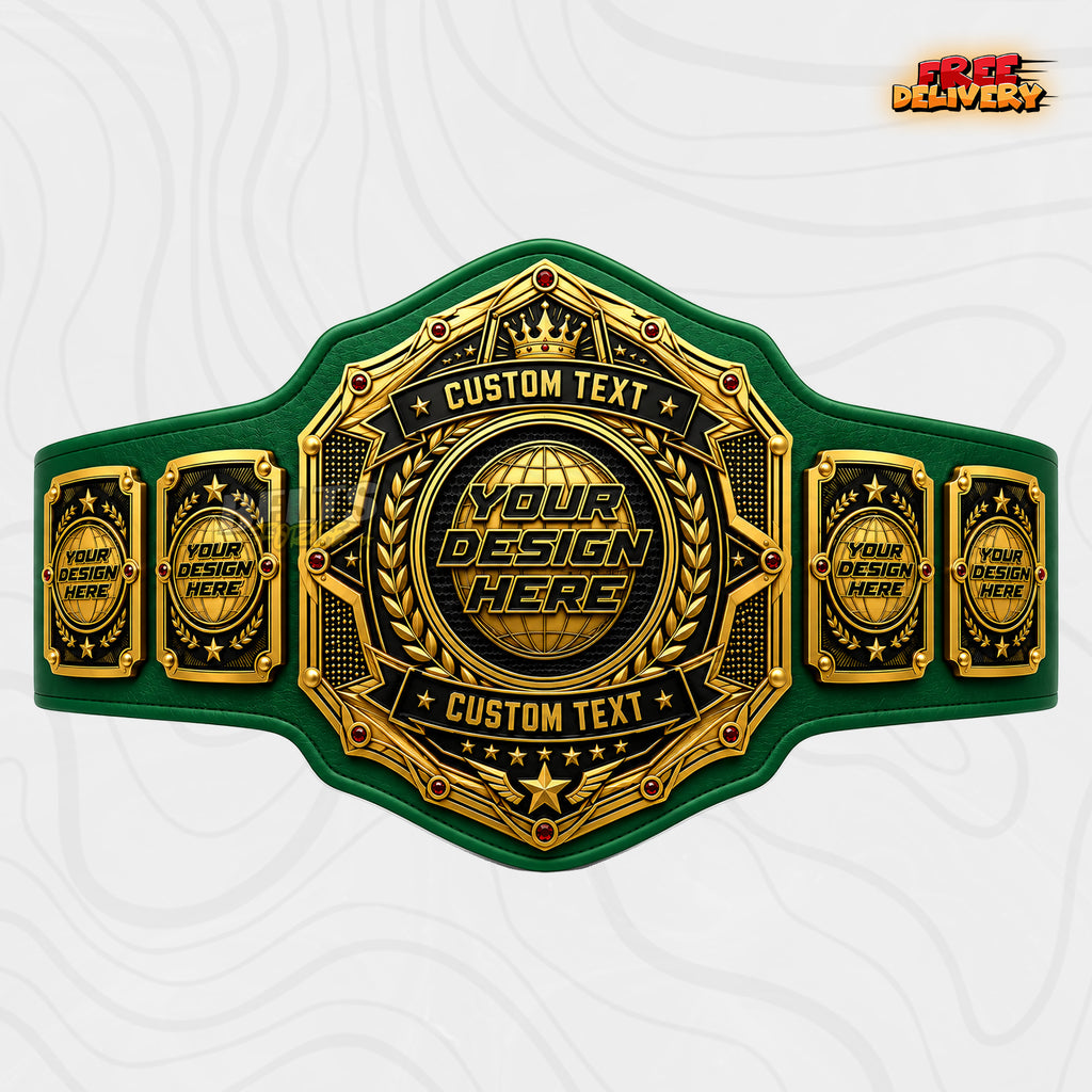 Custom World Globe Crown Championship Belt in green genuine leather strap showing gold crown laurel globe plate ready for custom design