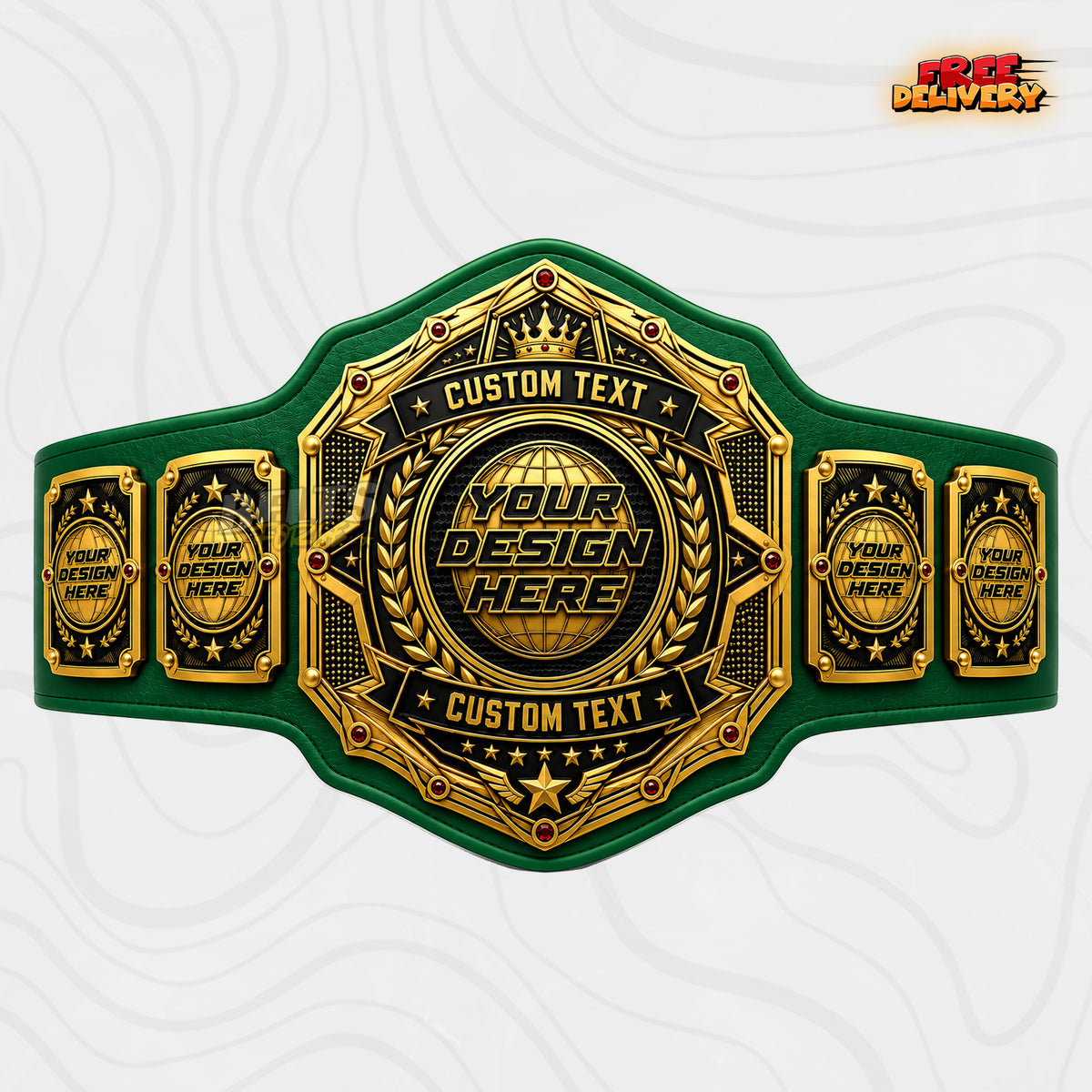 Custom World Globe Crown Championship Belt in green genuine leather strap showing gold crown laurel globe plate ready for custom design