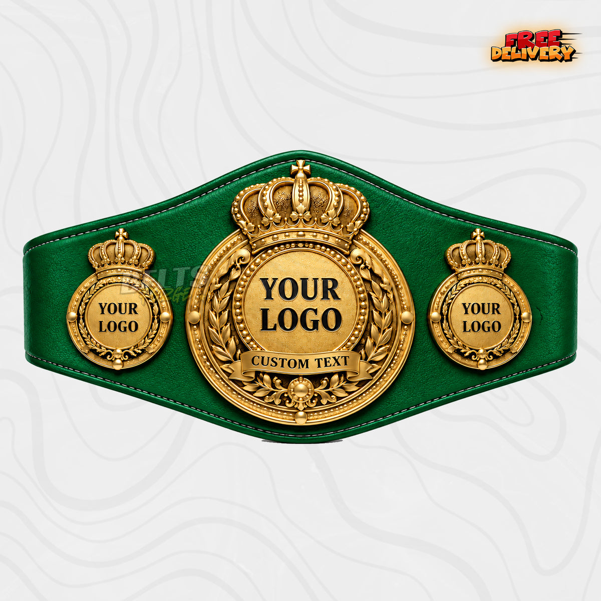 Custom Royal Crown Medallion Championship Belt in green genuine leather strap showing gold crowned round plates ready for custom logo and text