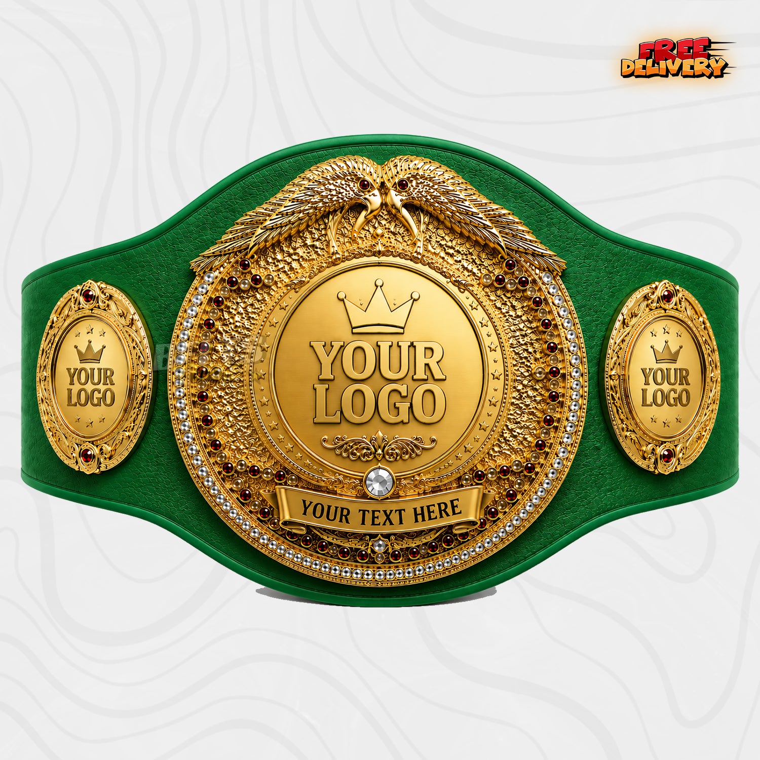 Custom Boxing Twin Eagle Championship Belt in green genuine leather strap showing gold eagle plates with pearl border and personalized logo