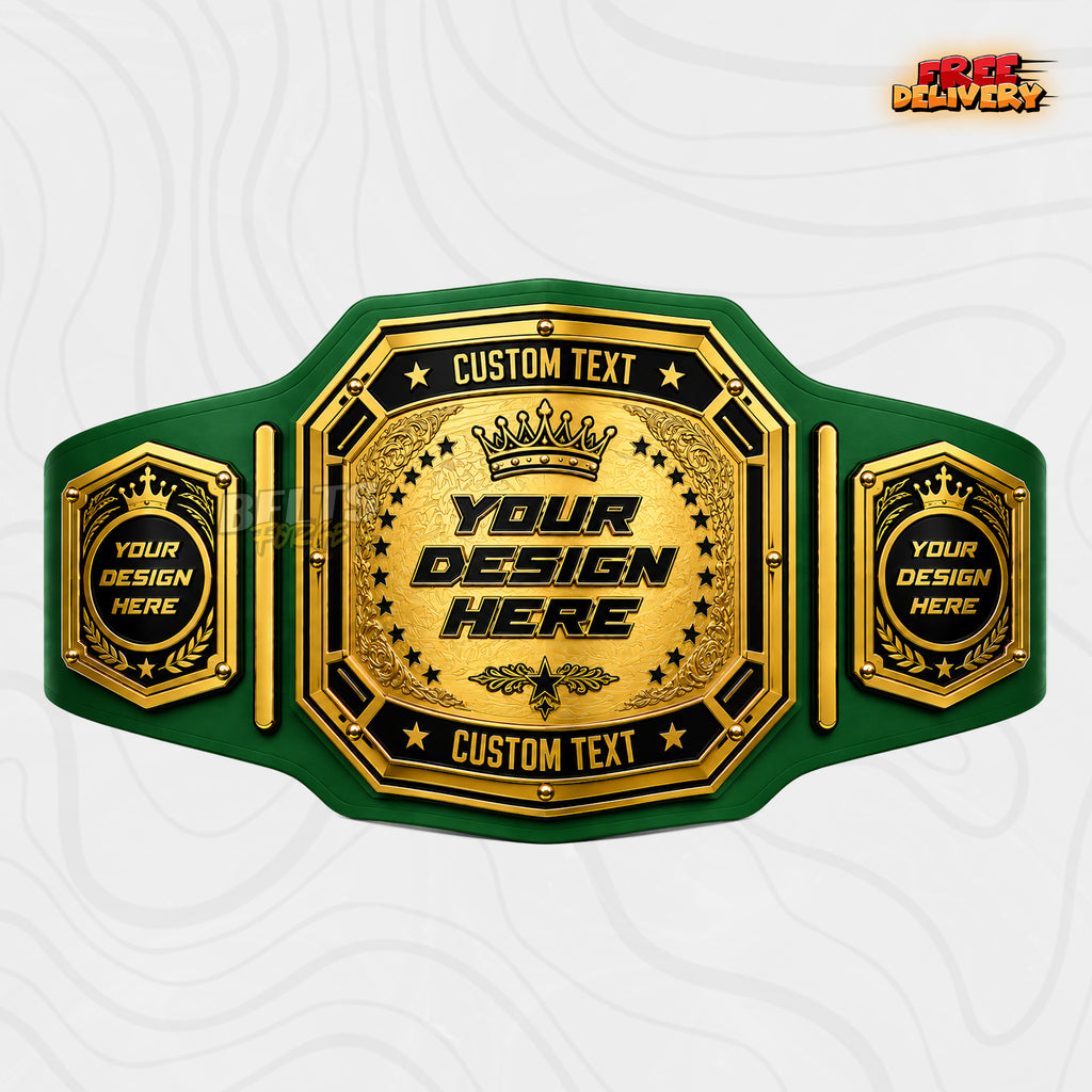 Custom Crown Star Arc Championship Belt in green genuine leather strap showing gold engraved crown plate with custom text bars