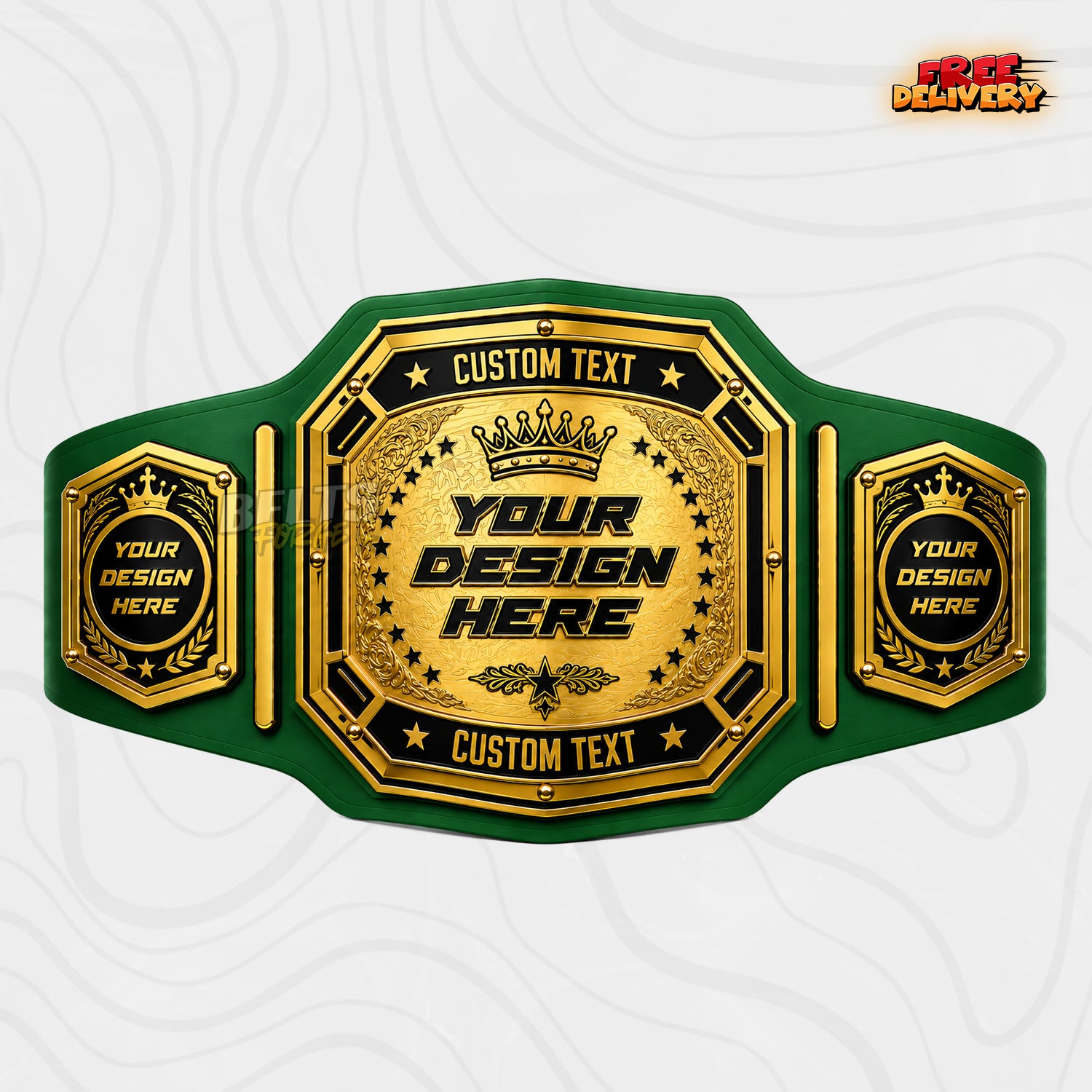 Custom Crown Star Arc Championship Belt in green genuine leather strap showing gold engraved crown plate with custom text bars