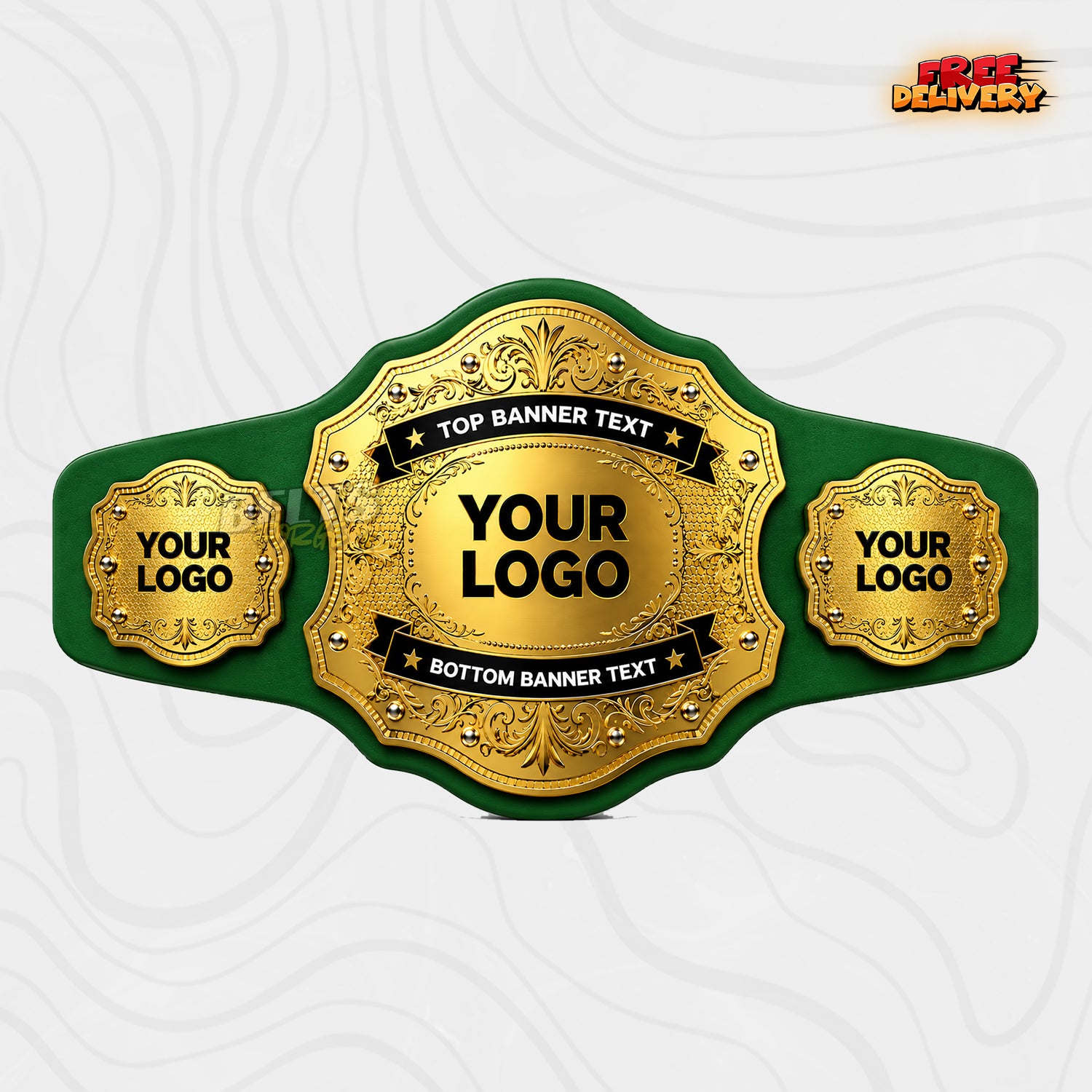 Custom Scalloped Gold Championship Belt in green genuine leather strap showing gold engraved plates ready for custom logo and text