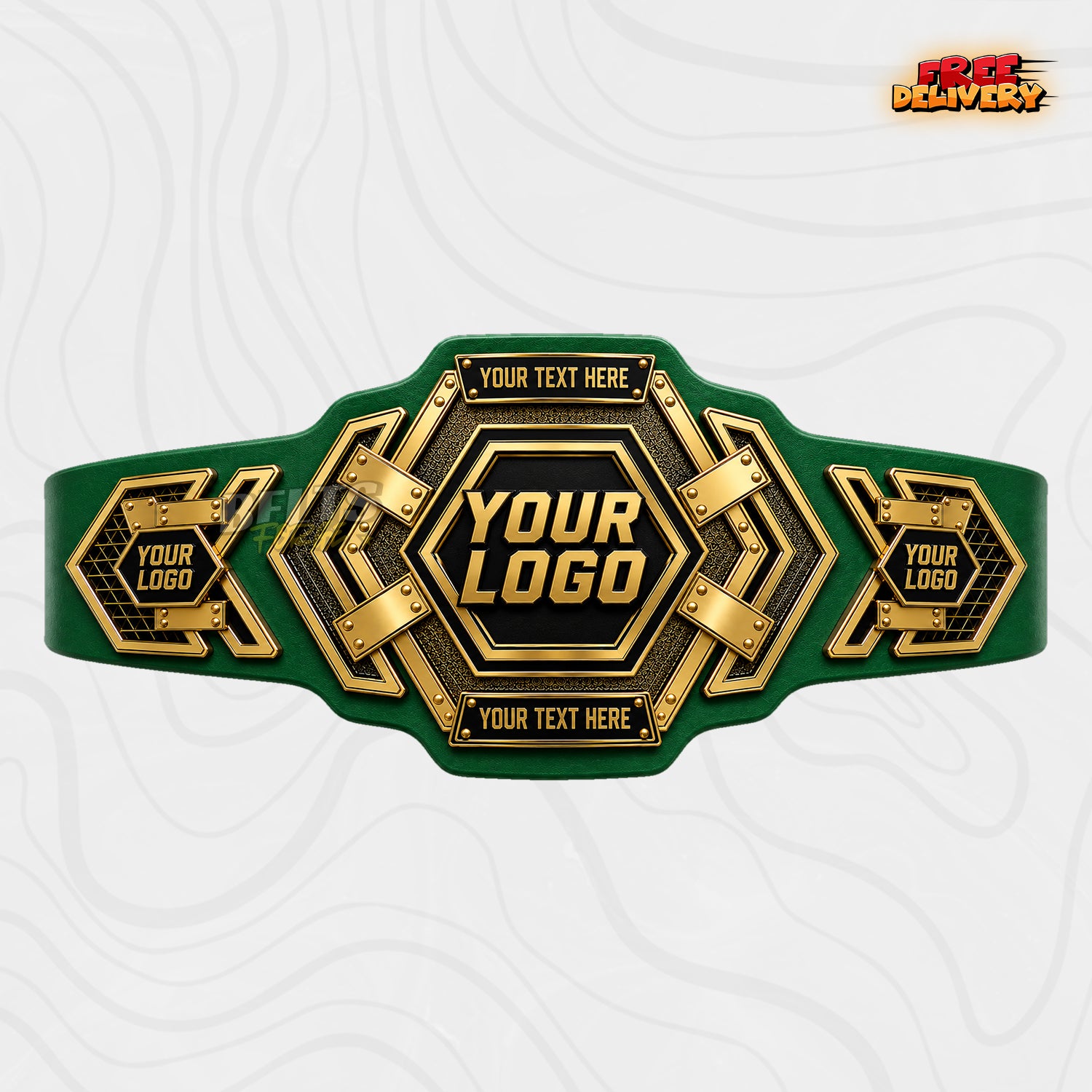 Custom Hexagon Gold Championship Belt in green genuine leather strap showing gold hexagonal centre plate