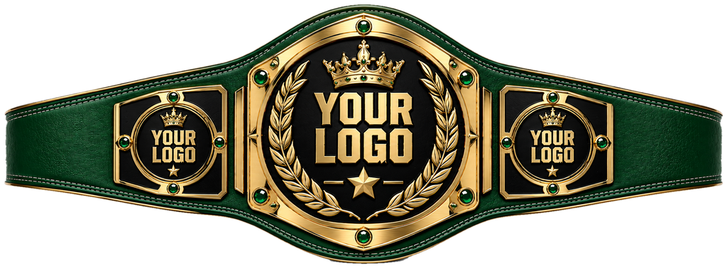 Custom Crown Laurel Gemstone Championship Belt in green genuine leather strap showing gold laurel crown plate with emerald green gems