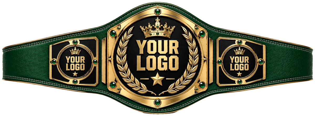 Custom Crown Laurel Gemstone Championship Belt in green genuine leather strap showing gold laurel crown plate with emerald green gems
