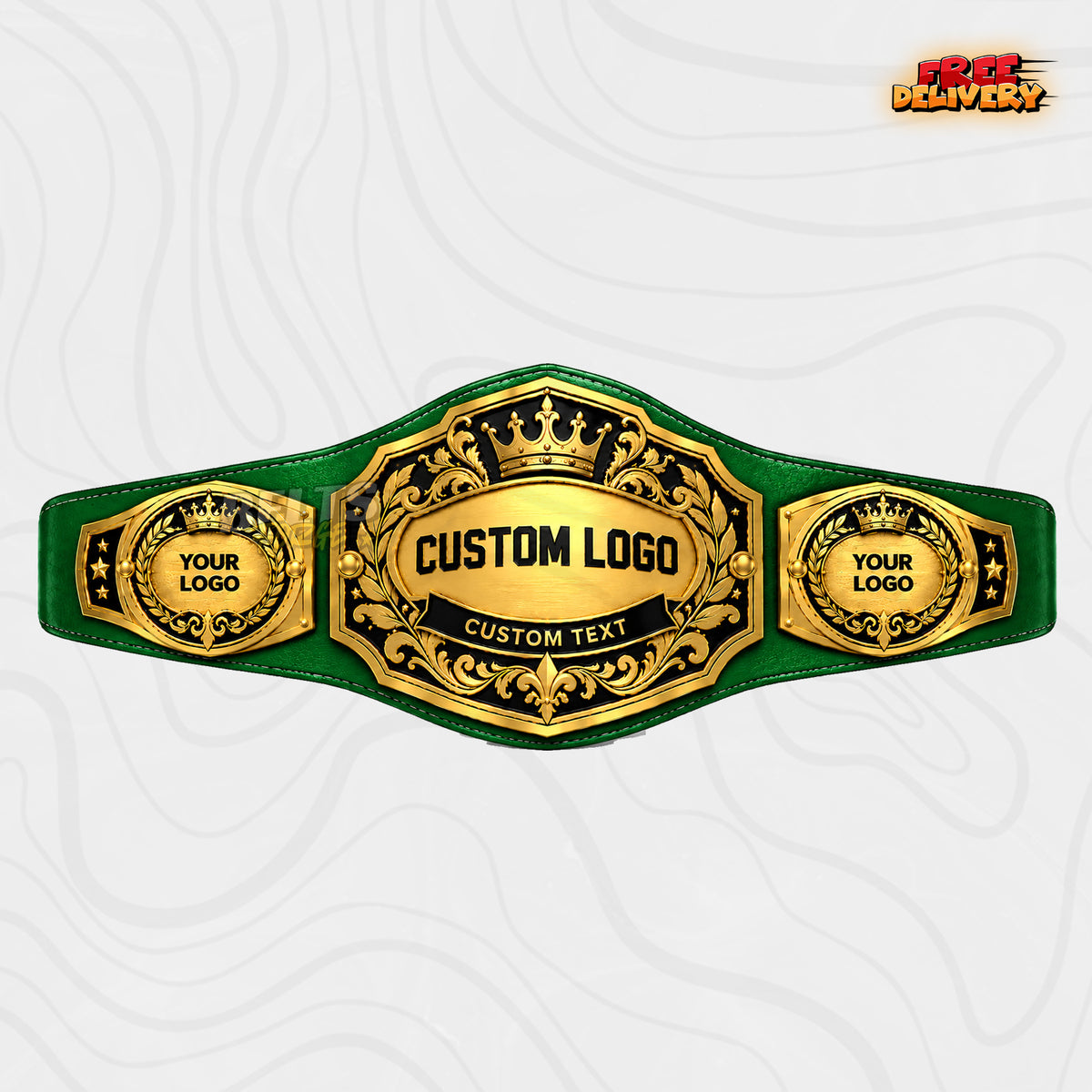 Custom Crown Shield Fleur-de-Lis Championship Belt in green genuine leather strap showing gold laurel crown plate ready for custom logo and text