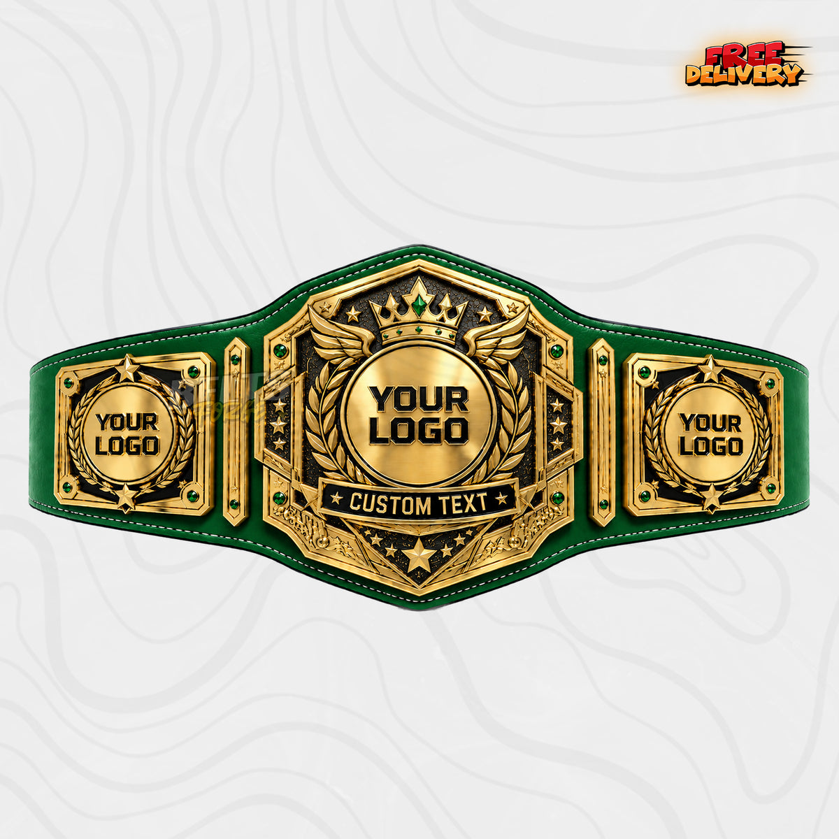Custom Winged Crown Gemstone Championship Belt in green genuine leather strap showing gold laurel crown plates with emerald green gems