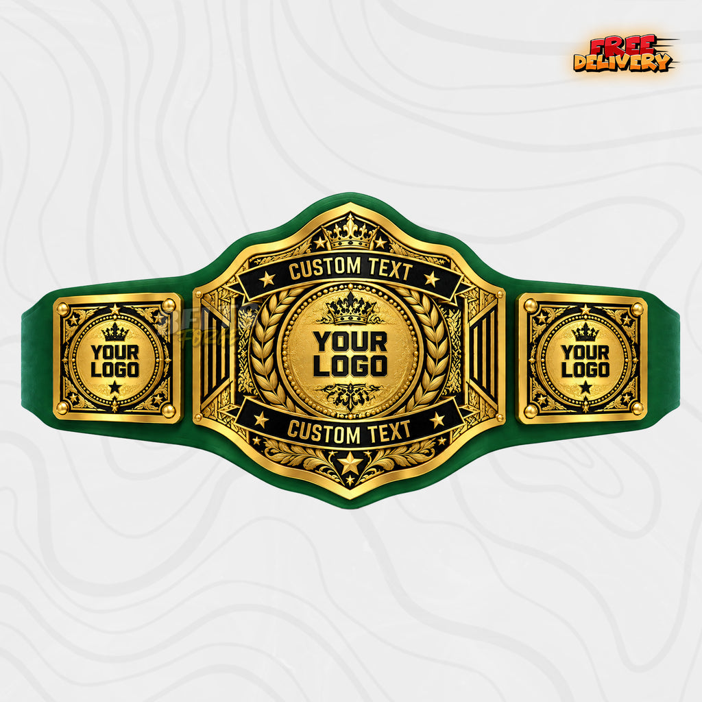 Custom Crown Laurel Dual Banner Championship Belt in green genuine leather strap showing gold laurel wreath crown plate ready for your logo