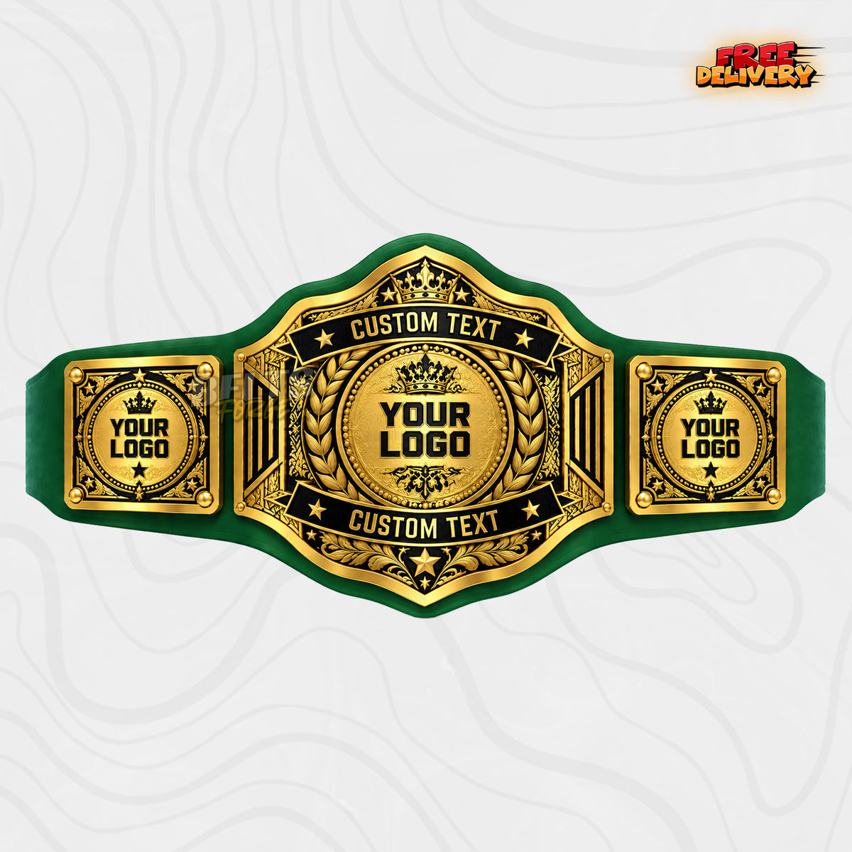 Custom Crown Laurel Dual Banner Championship Belt in green genuine leather strap showing gold laurel wreath crown plate ready for your logo