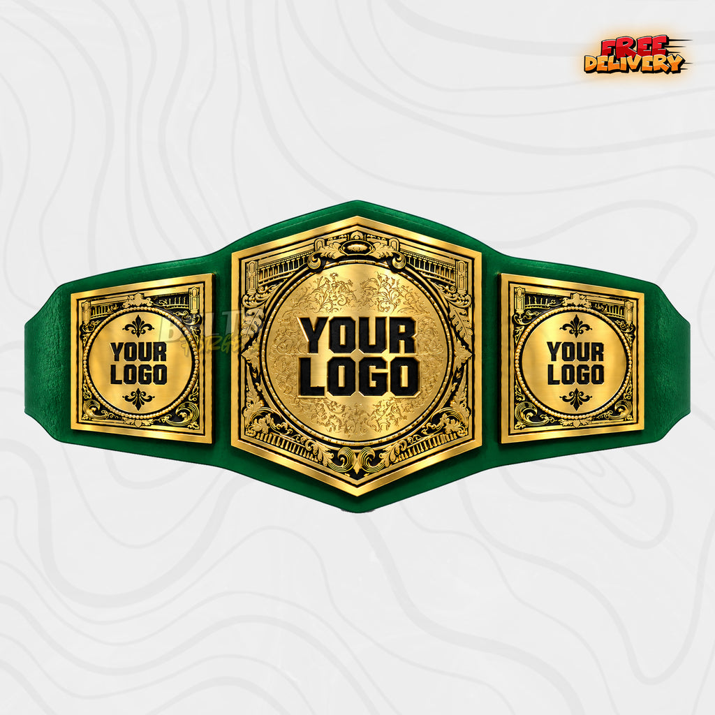 Custom Victorian Roman Column Championship Belt in green genuine leather strap showing gold ornate floral engraved plates ready for your logo