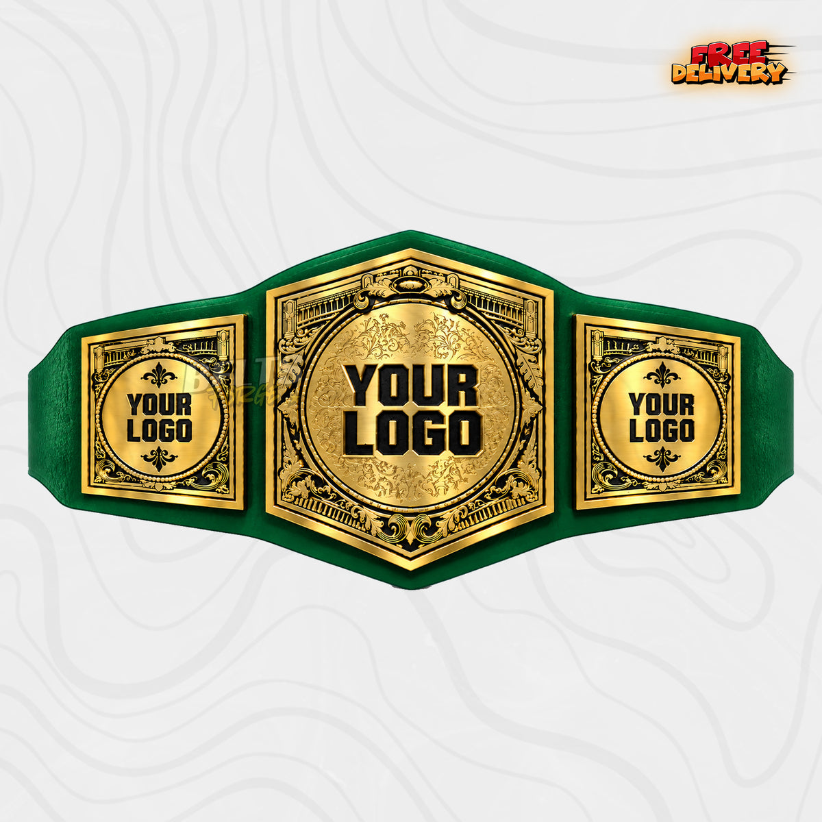 Custom Victorian Roman Column Championship Belt in green genuine leather strap showing gold ornate floral engraved plates ready for your logo