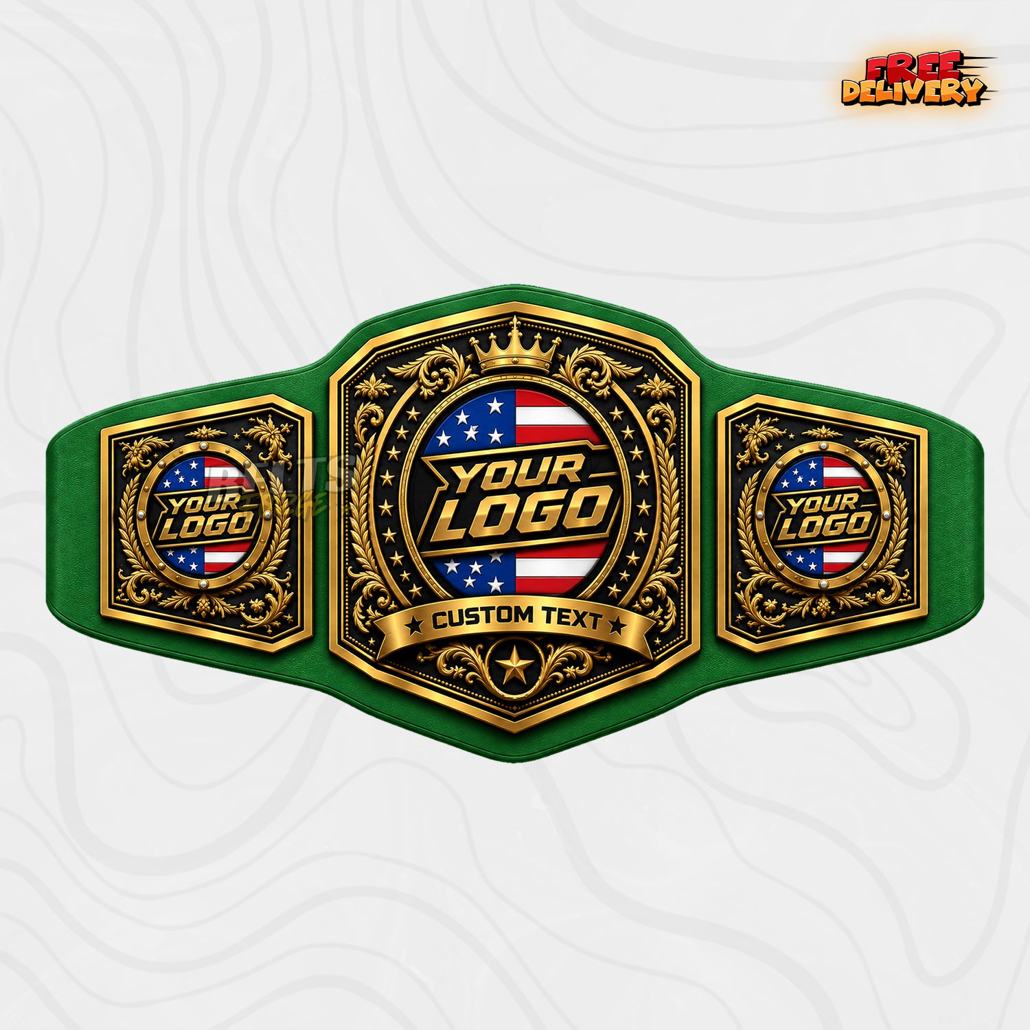 Custom Patriotic Gold Championship Belt in green genuine leather strap showing gold plates with USA flag centre plate