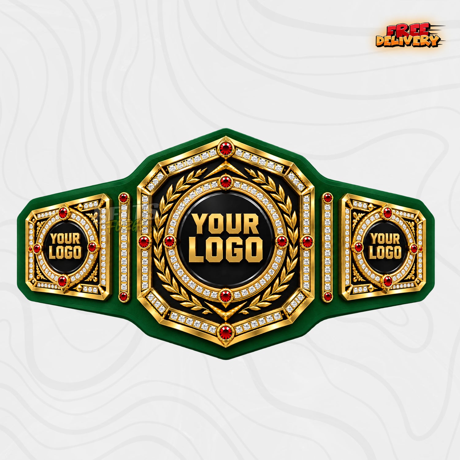 Custom Ruby Laurel Championship Belt in green genuine leather strap showing gold rhinestone plates with red gem detail