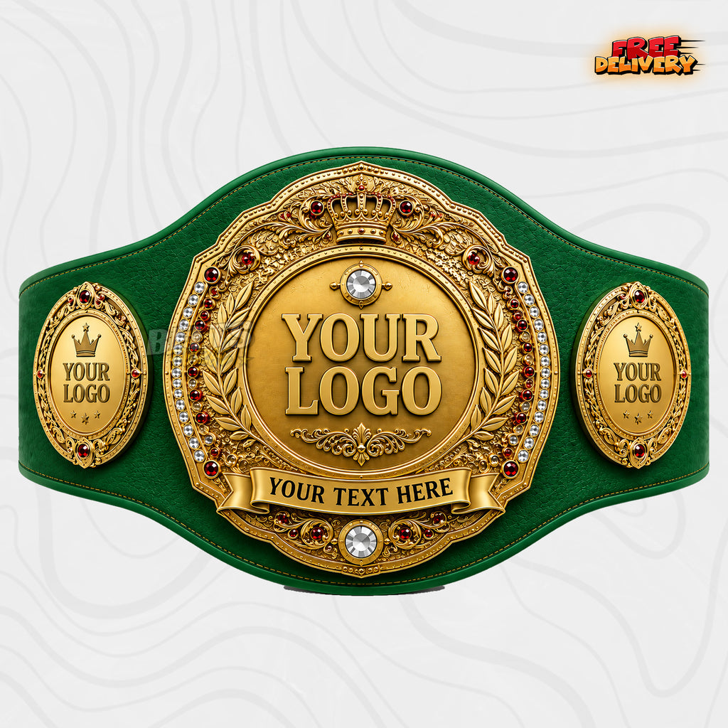 Custom Royal Crown Laurel Championship Belt in green genuine leather strap showing gold royal crown plates with red gems and personalized logo