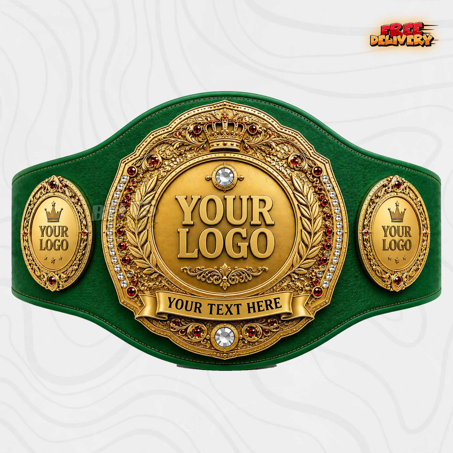 Custom Royal Crown Laurel Championship Belt in green genuine leather strap showing gold royal crown plates with red gems and personalized logo