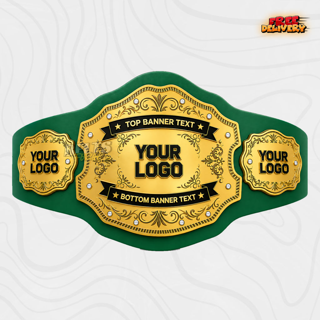 Custom Gold Filigree Banner Championship Belt in green genuine leather strap showing gold scalloped plates with rhinestone studs