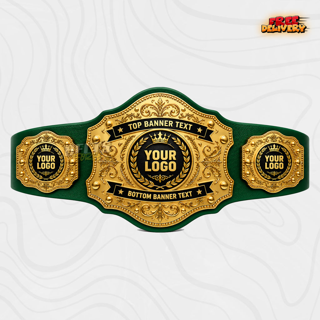 Custom Gold Baroque Banner Championship Belt in green genuine leather strap showing gold scroll engraved plates ready for your logo and text